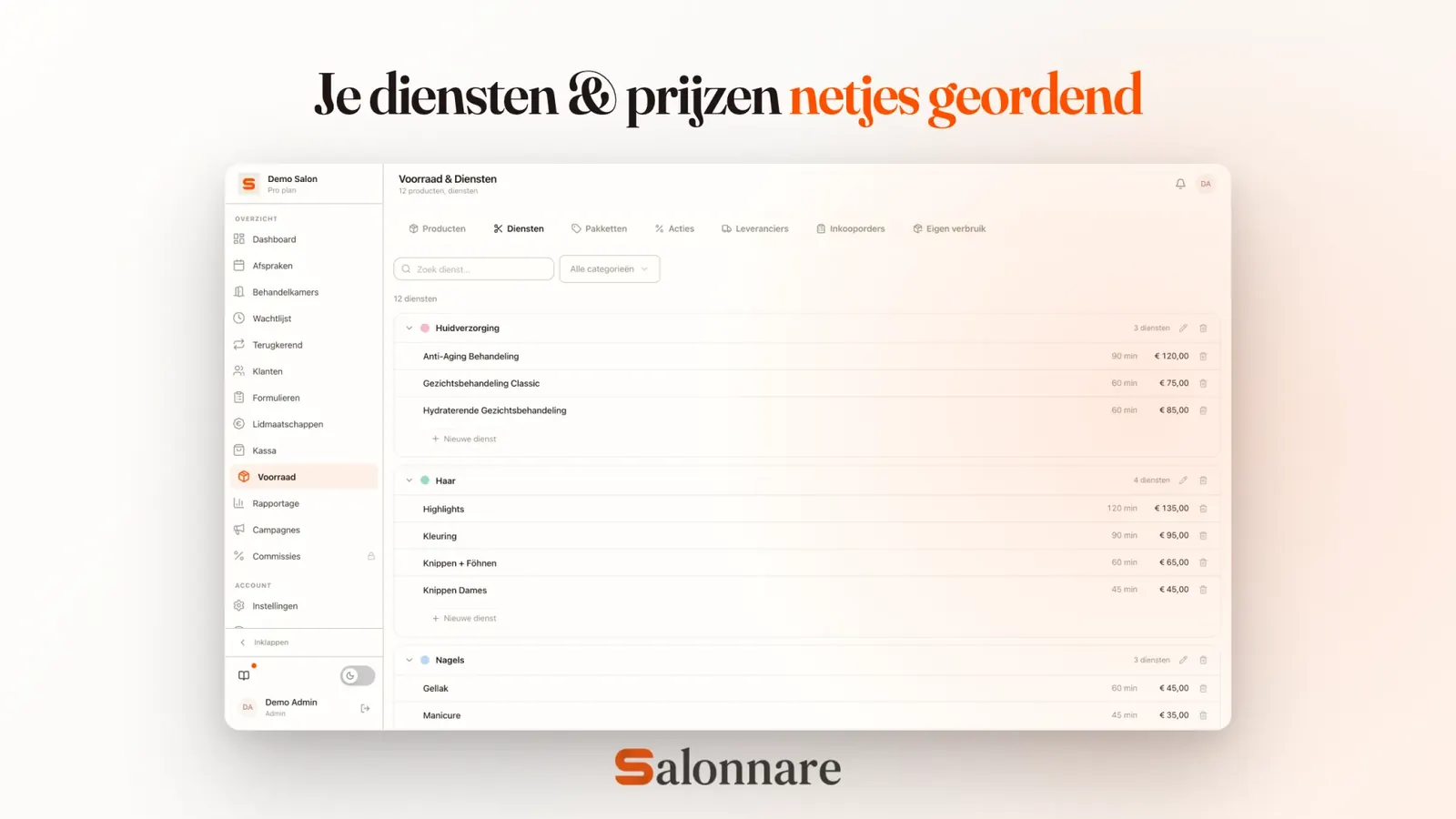 Diensten met prijs en duur